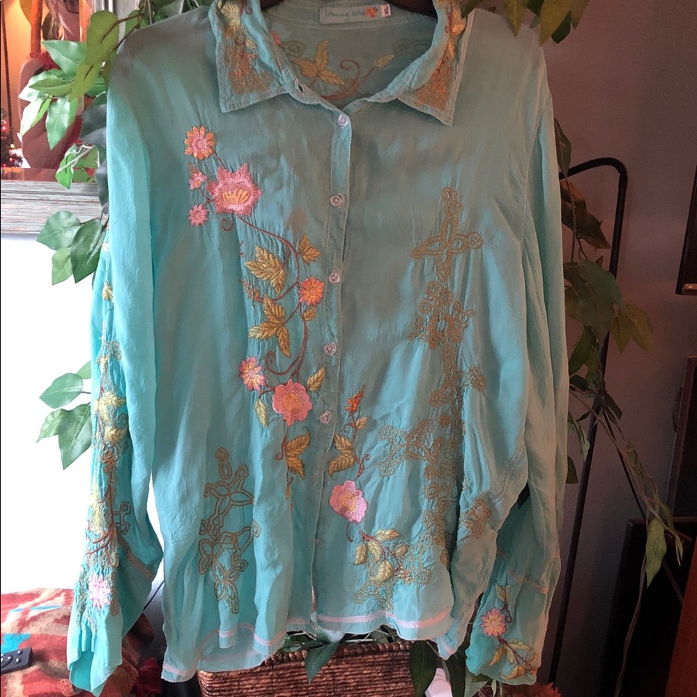 Johnny Was Boho Aqua Floral Embroidered Button Down Shirt
